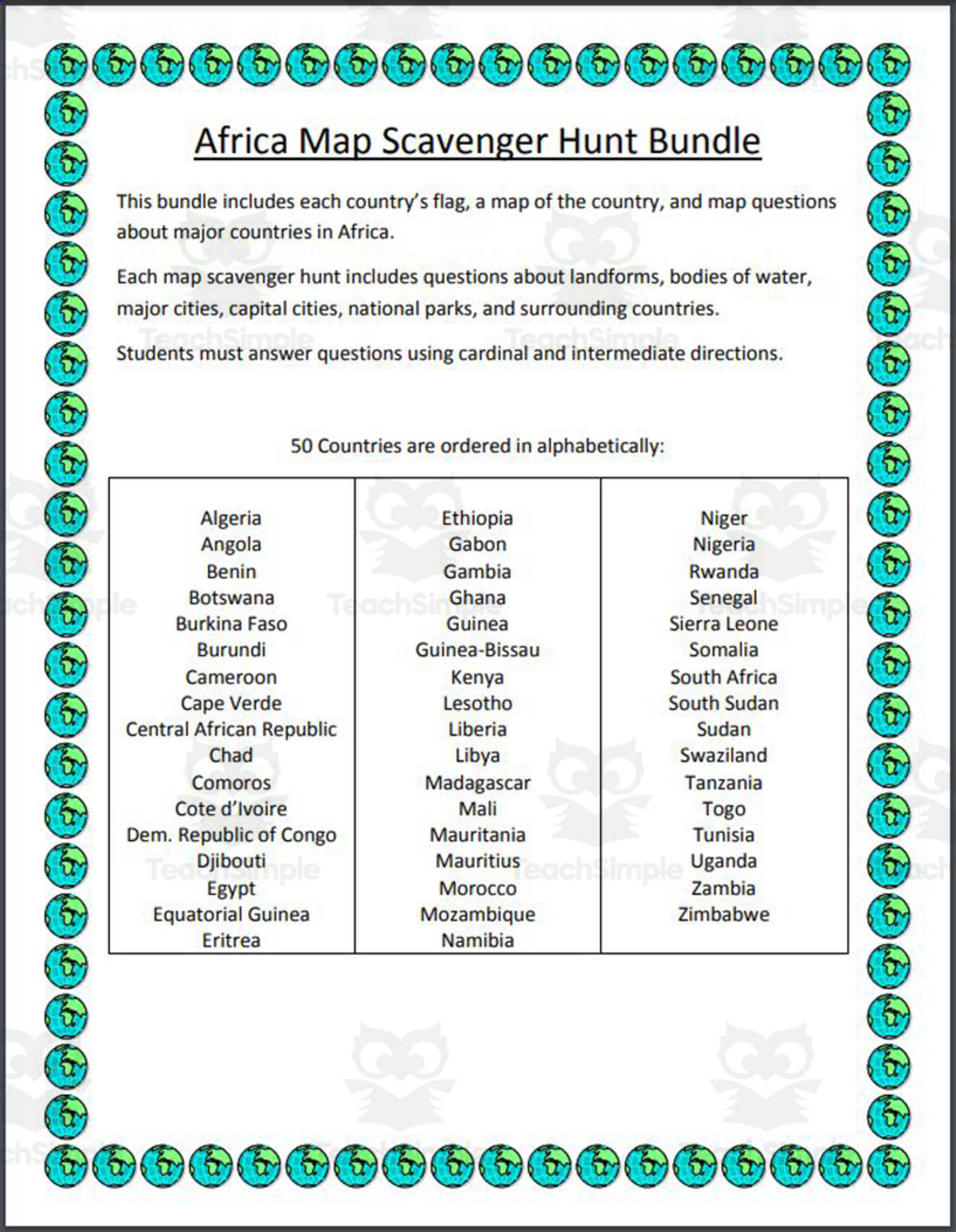 An educational teaching resource from Mr. Matthews Teacher Store entitled Africa Map Scavenger Hunt Bundle downloadable at Teach Simple.