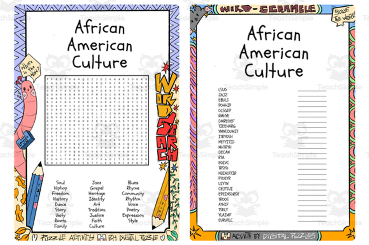 An educational teaching resource from Lapiiin Art Activities entitled African American Culture word search & scramble downloadable at Teach Simple.