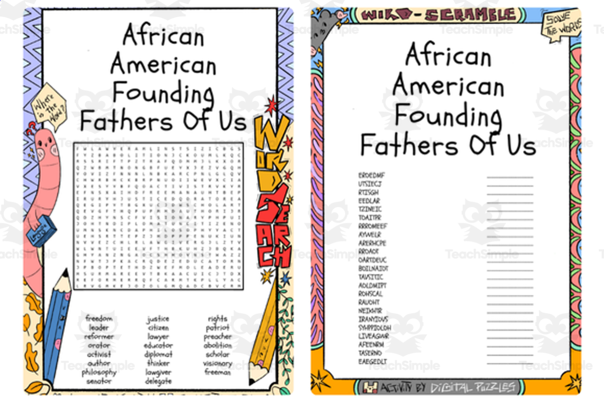 An educational teaching resource from Lapiiin Art Activities entitled African American Founding Fathers Of Us word search & scramble downloadable at Teach Simple.