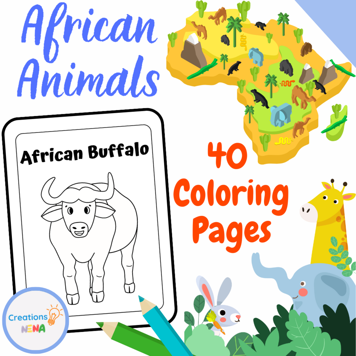 An educational teaching resource from Nena Creations entitled African Animals Coloring Sheets. downloadable at Teach Simple.