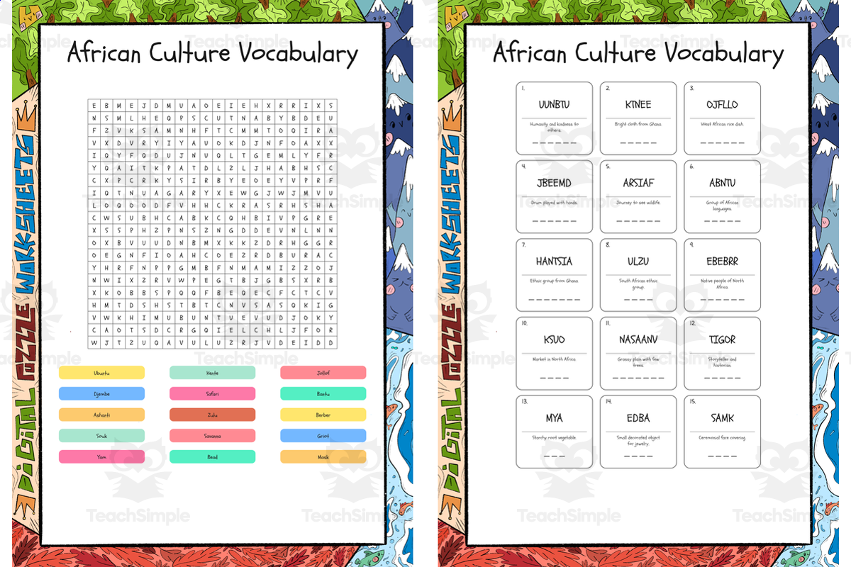 An educational teaching resource from Lapiiin Art Activities entitled African Culture Vocabulary word search, scramble and crossword puzzle downloadable at Teach Simple.