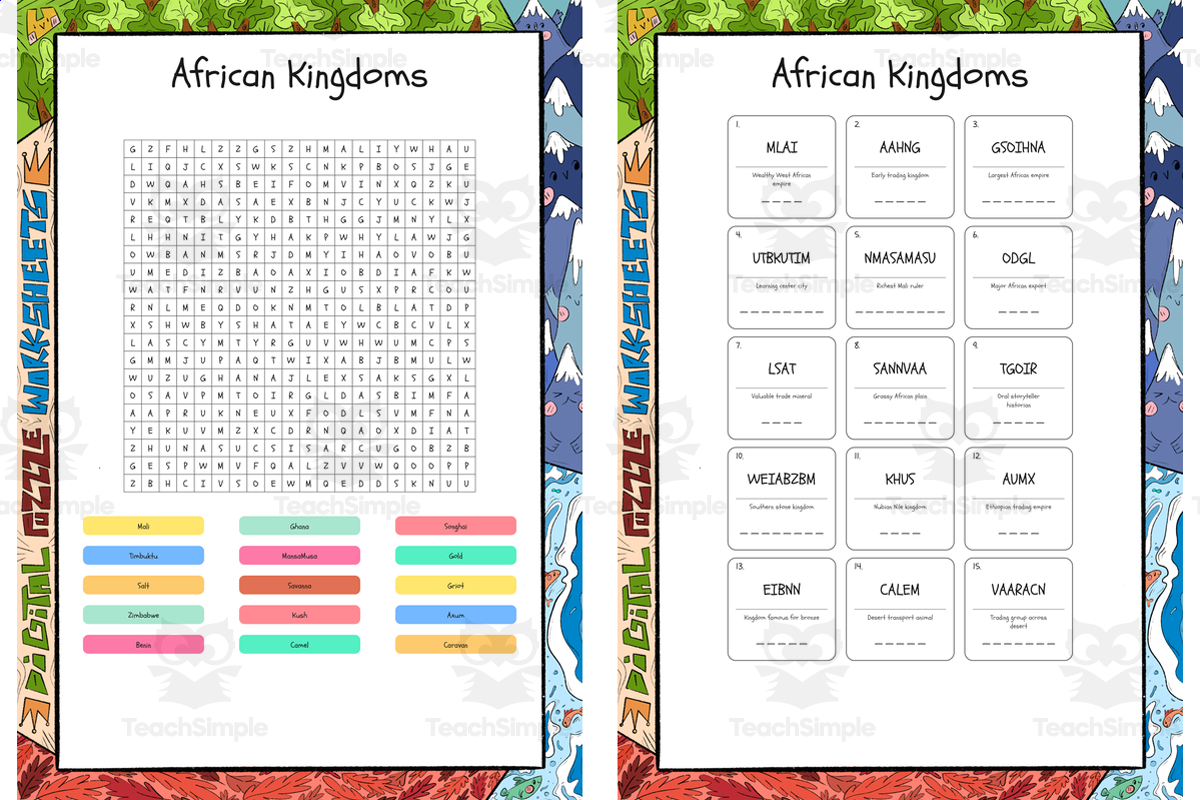 An educational teaching resource from Lapiiin Art Activities entitled African Kingdoms word search, scramble and crossword puzzle downloadable at Teach Simple.