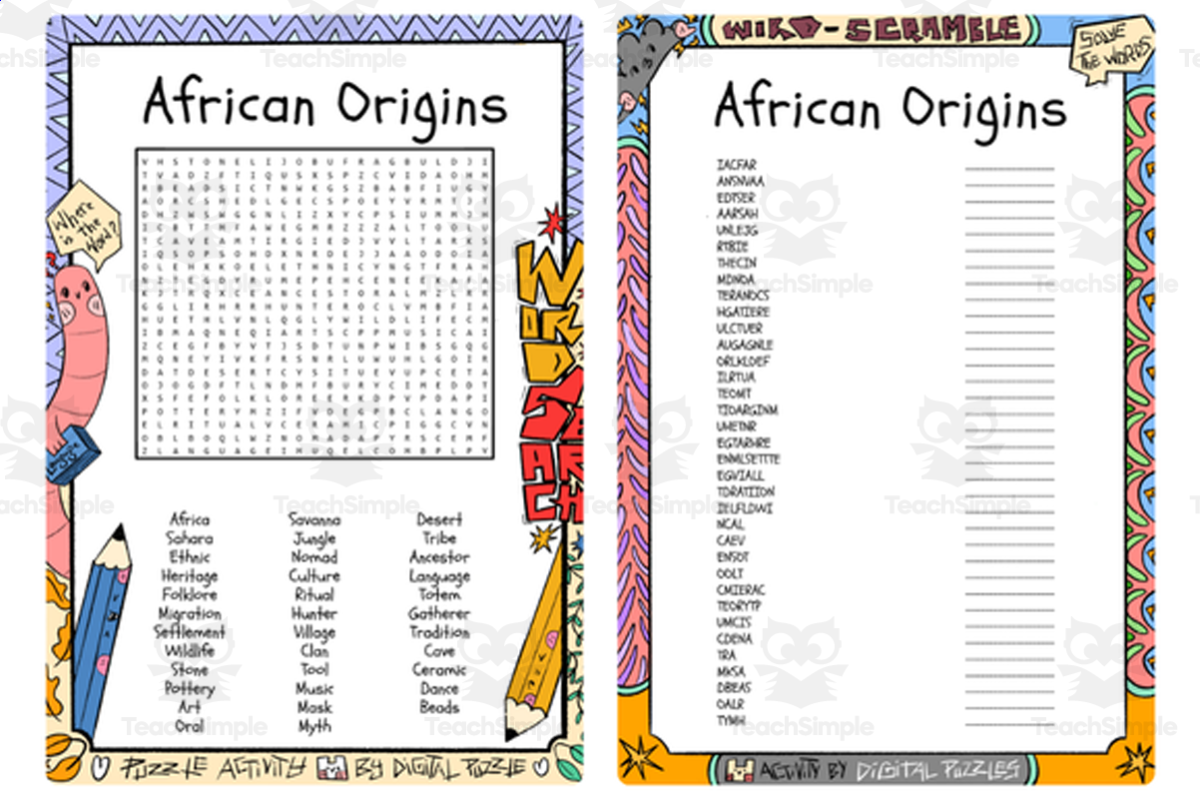 An educational teaching resource from Lapiiin Art Activities entitled African Origins word search & scramble downloadable at Teach Simple.