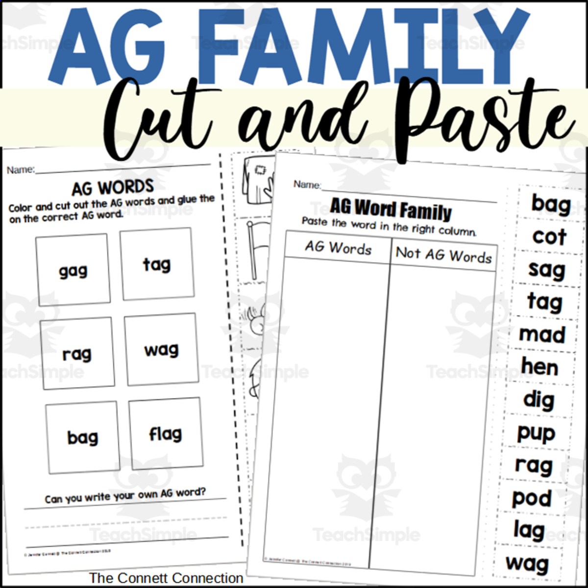 An educational teaching resource from The Connett Connection entitled AG Word Family Cut and Paste Worksheets downloadable at Teach Simple.