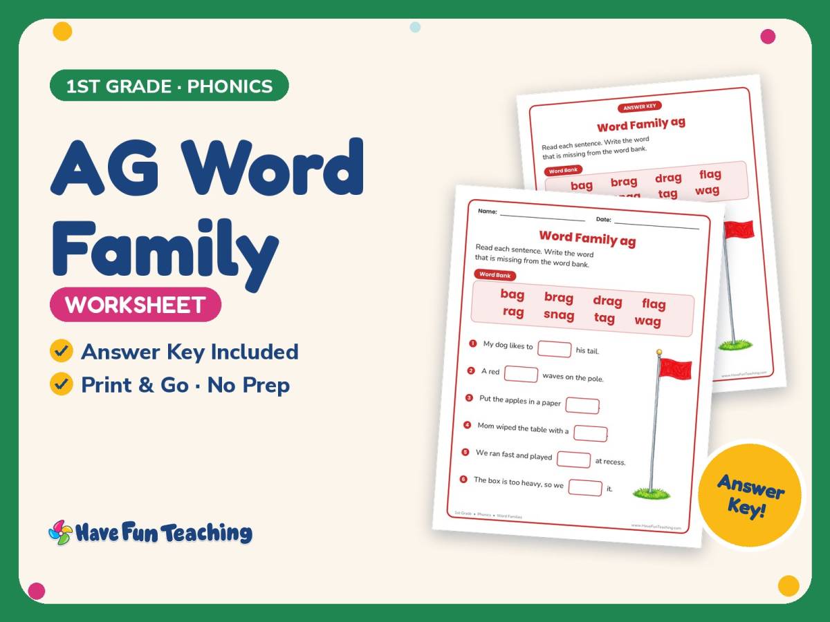 AG Word Family Worksheet – 1st Grade Word Families Practice preview