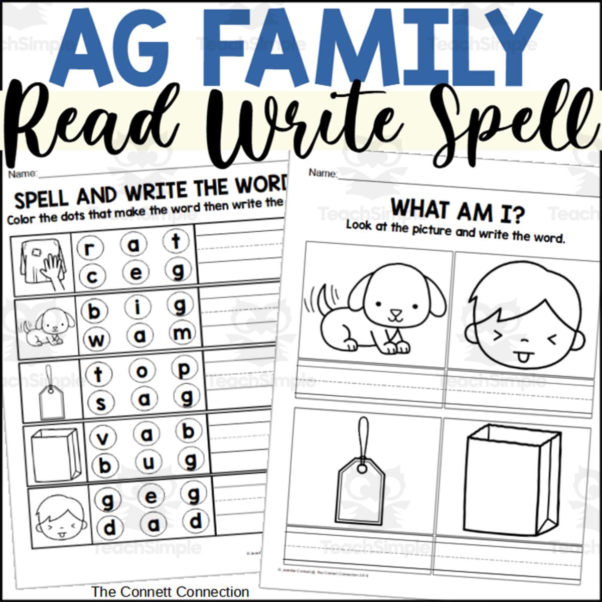 An educational teaching resource from The Connett Connection entitled AG Word Family Worksheets - Read Write and Spell downloadable at Teach Simple.