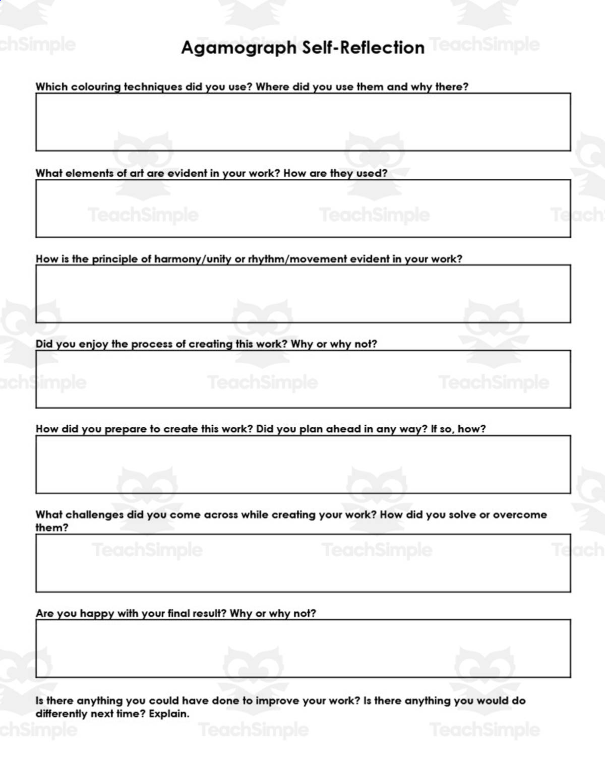 An educational teaching resource from Resource Garden entitled Agamograph Self-Reflection Form downloadable at Teach Simple.