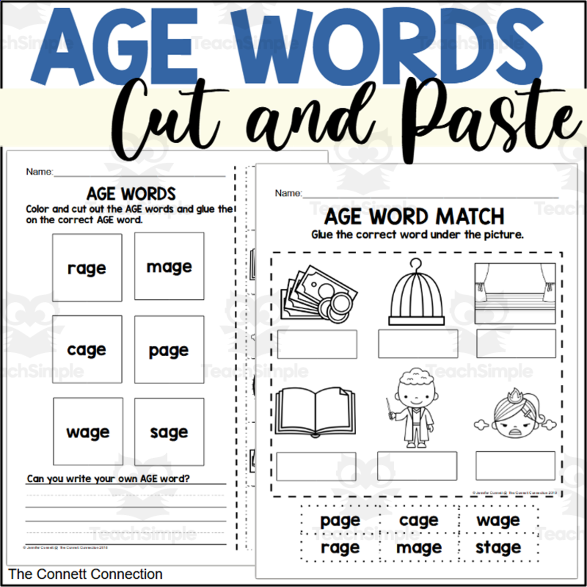 An educational teaching resource from The Connett Connection entitled AGE Word Family Cut and Paste Worksheets downloadable at Teach Simple.