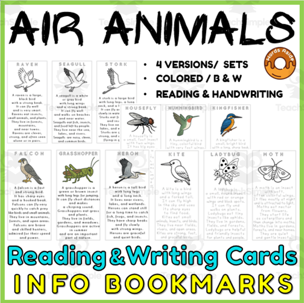 An educational teaching resource from WORDS ASIDE entitled Air Animals Bookmarks Reading Writing Cards Resource downloadable at Teach Simple.
