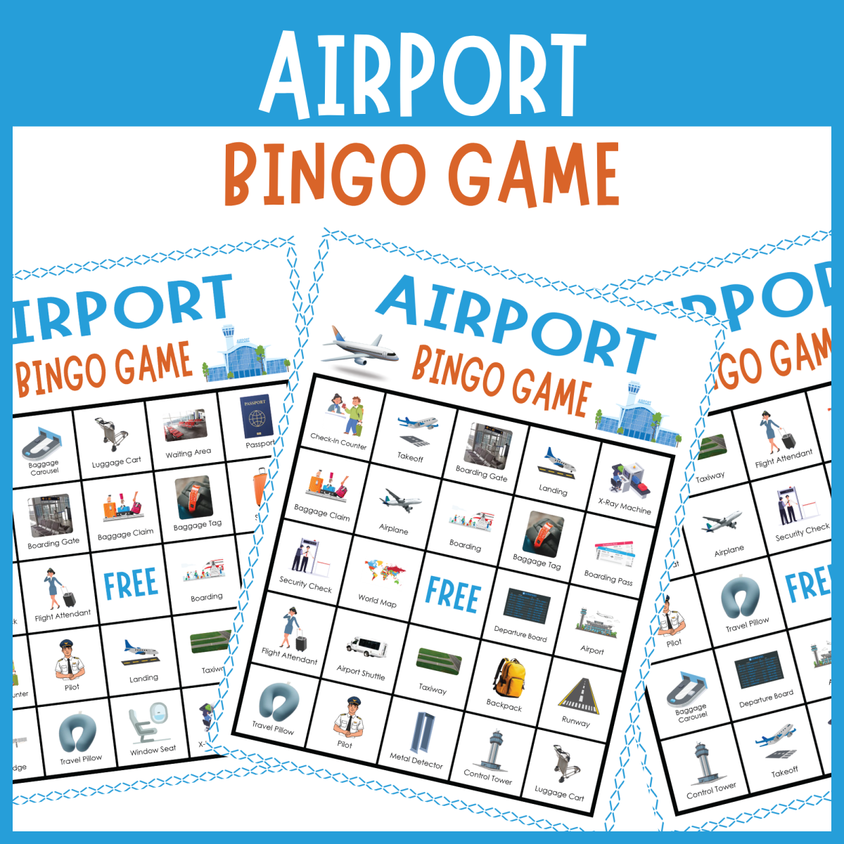 An educational teaching resource from The Clever Llama entitled Airport airplane pilot flight Bingo game vocabulary activity downloadable at Teach Simple.