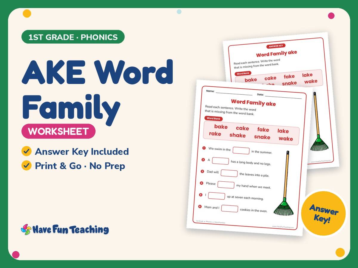 AKE Word Family Worksheet – 1st Grade Word Families Practice preview