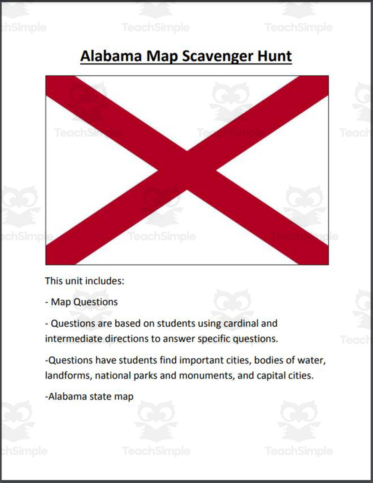 An educational teaching resource from Mr. Matthews Teacher Store entitled Alabama Map Scavenger Hunt downloadable at Teach Simple.