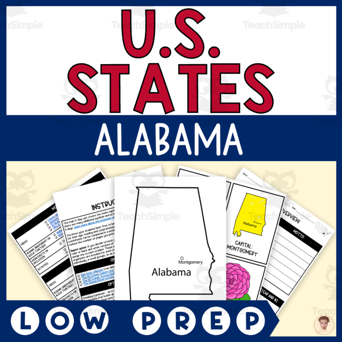 An educational teaching resource from Heather Huhman entitled Alabama State Unit Study (Capital, Bird, Flower, Flag, Animal) downloadable at Teach Simple.