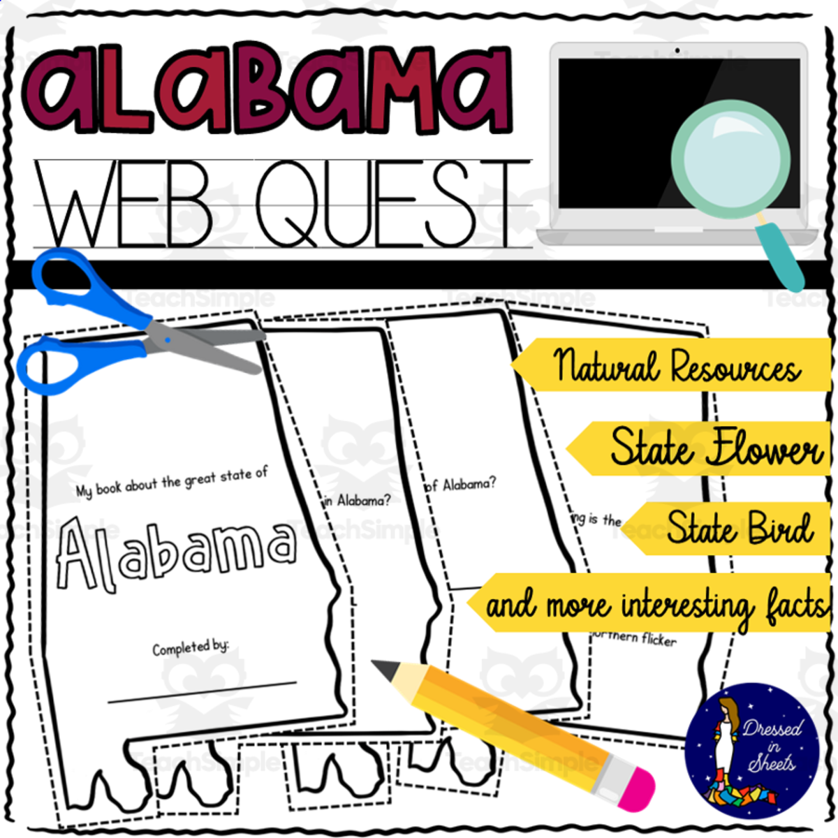 An educational teaching resource from Soumara Siddiqui entitled Alabama WebQuest Printable Book downloadable at Teach Simple.
