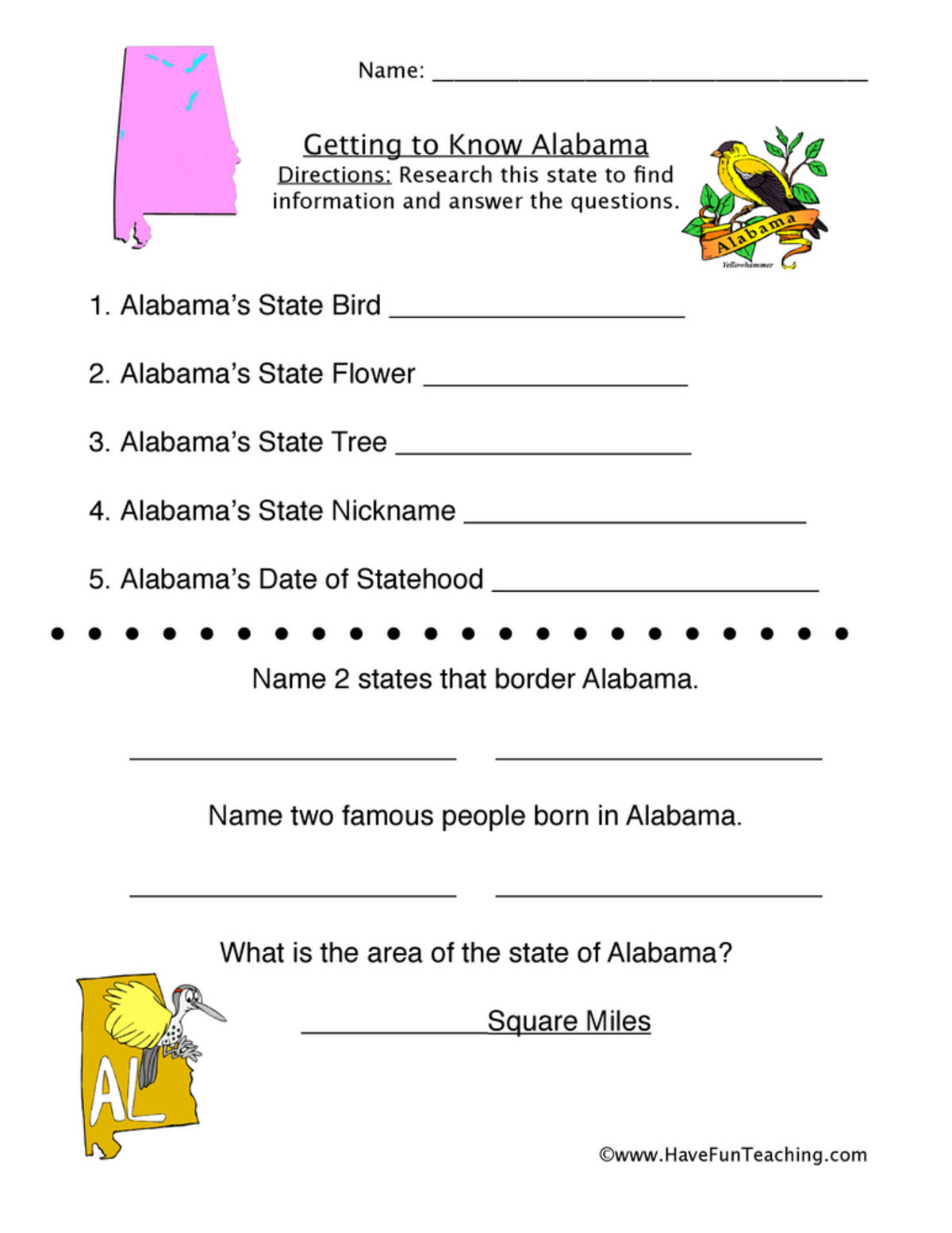 An educational teaching resource from Have Fun Teaching entitled Alabama Worksheet downloadable at Teach Simple.