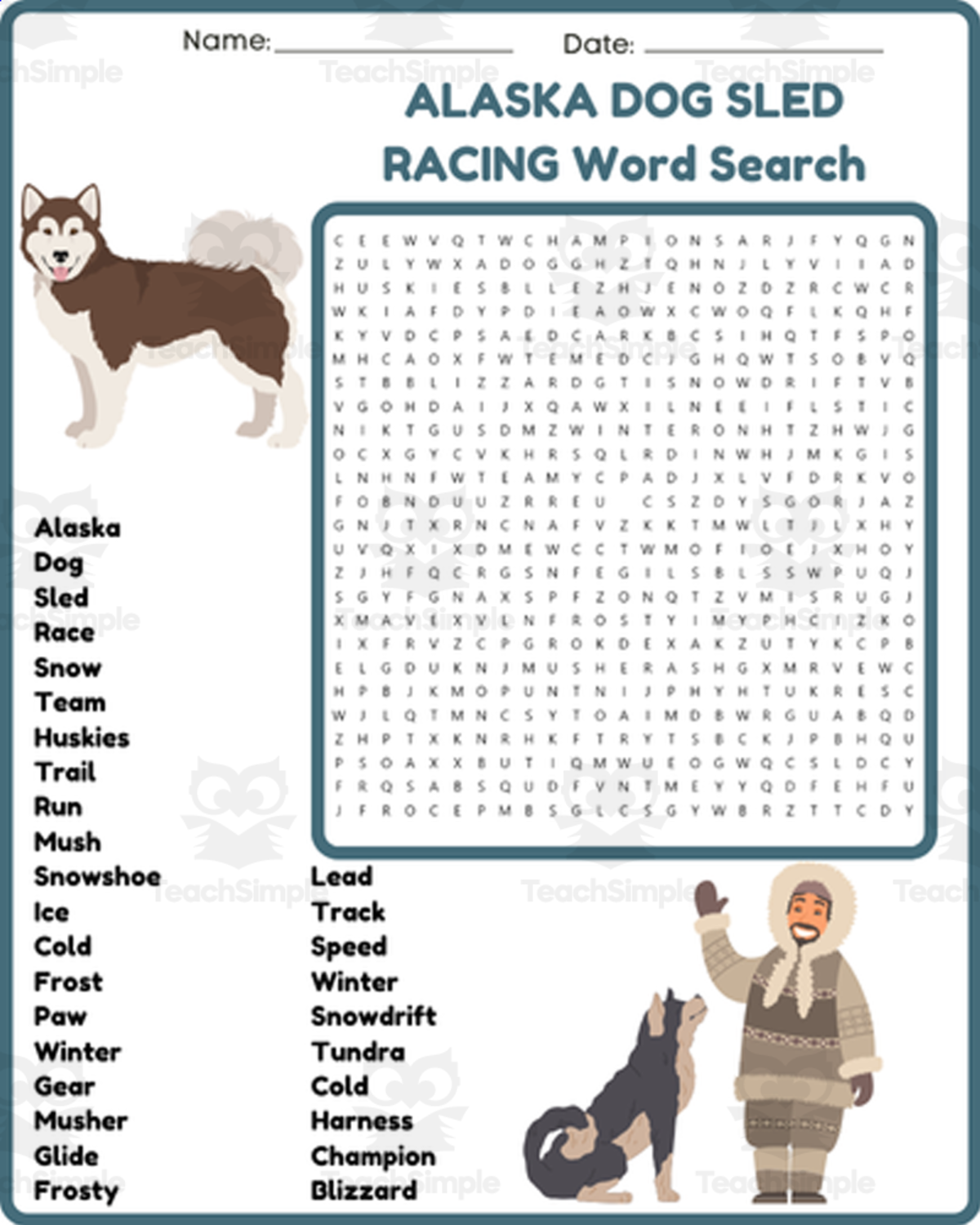 An educational teaching resource from space shope entitled ALASKA DOG SLED RACING Word Search Puzzle Worksheet Activity downloadable at Teach Simple.