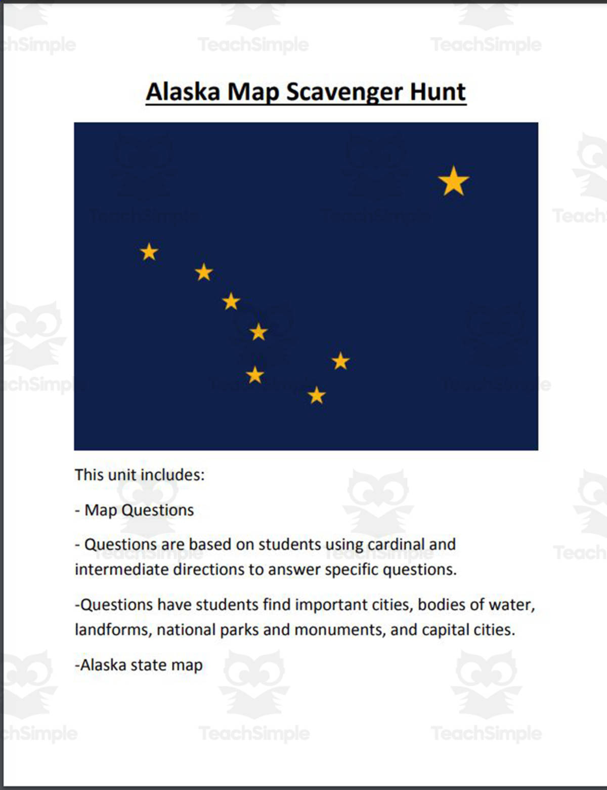 An educational teaching resource from Mr. Matthews Teacher Store entitled Alaska Map Scavenger Hunt downloadable at Teach Simple.