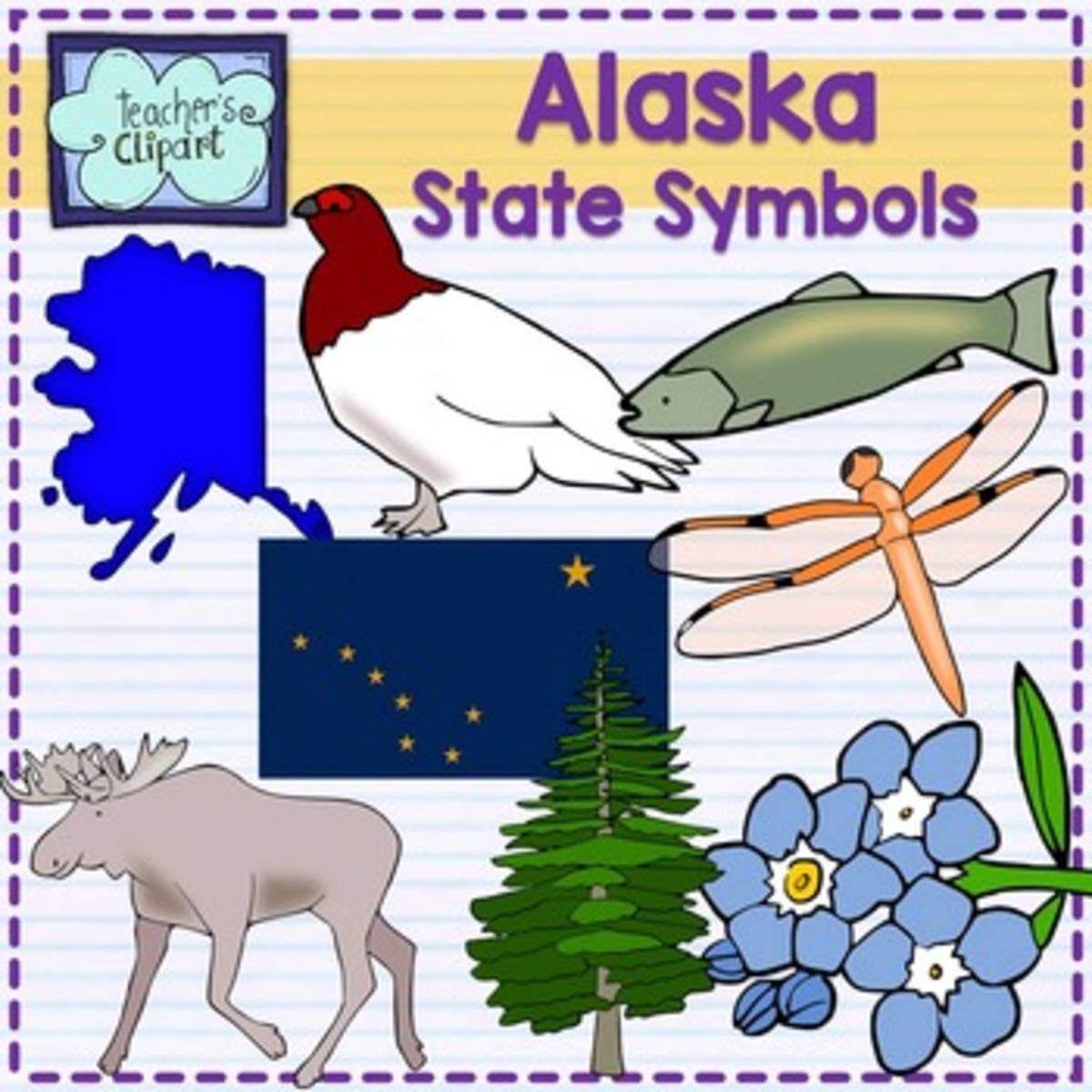 An educational teaching resource from Teacher's Clipart entitled Alaska State Symbols Clip Art downloadable at Teach Simple.