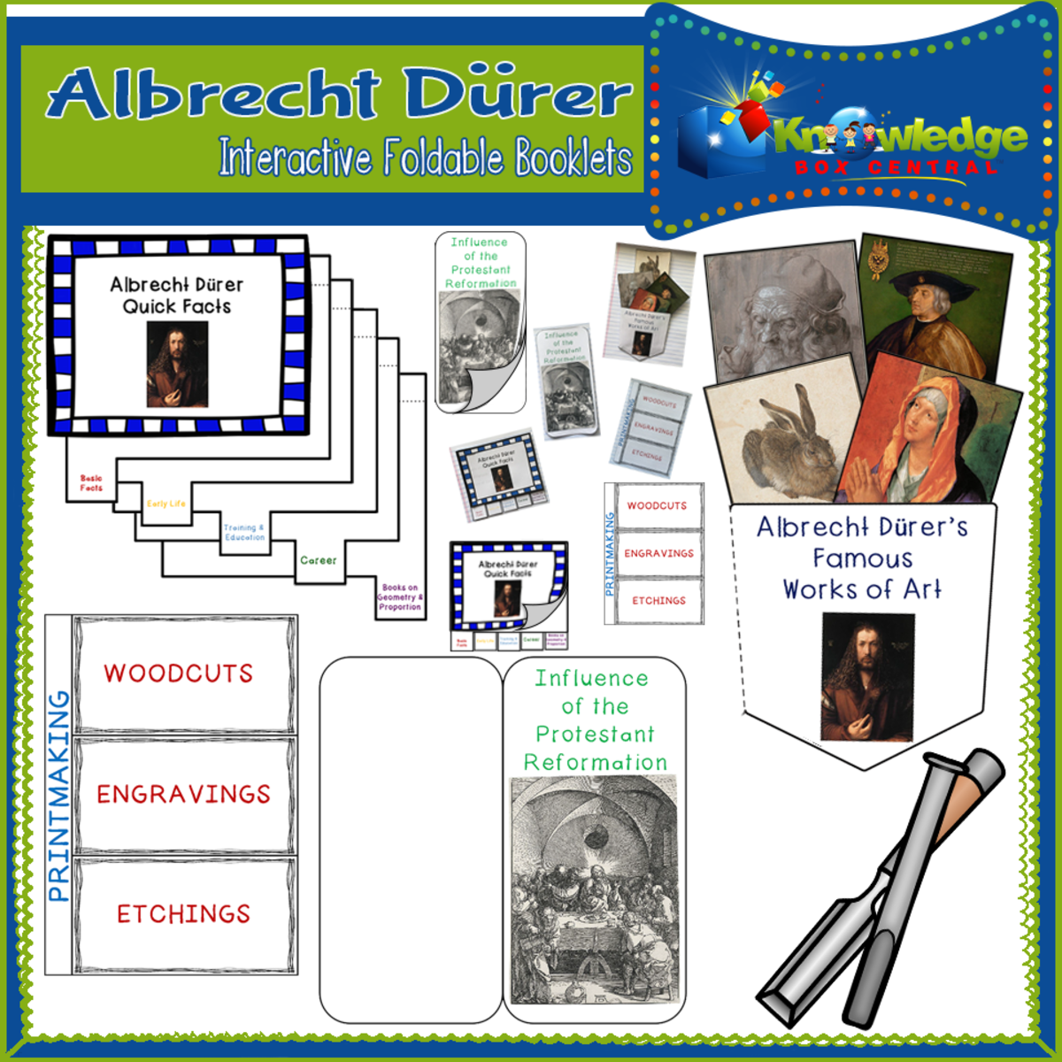 An educational teaching resource from Knowledge Box Central entitled Albrecht Durer Interactive Foldable Booklets - EBOOK downloadable at Teach Simple.
