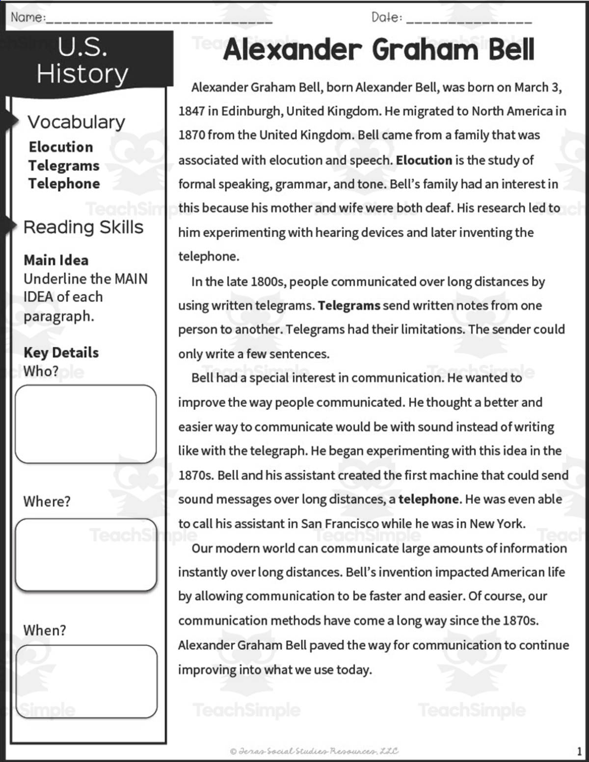 An educational teaching resource from Sarah Miller Tech entitled Alexander Graham Bell Reading Packet | Texas Social Studies downloadable at Teach Simple.