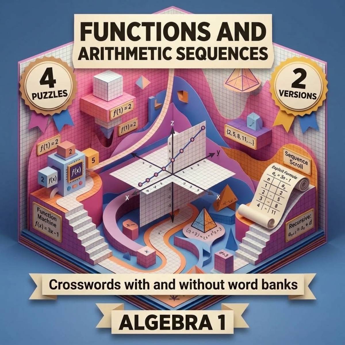 Algebra 1 Functions and Arithmetic Sequences Crosswords with Word Bank preview