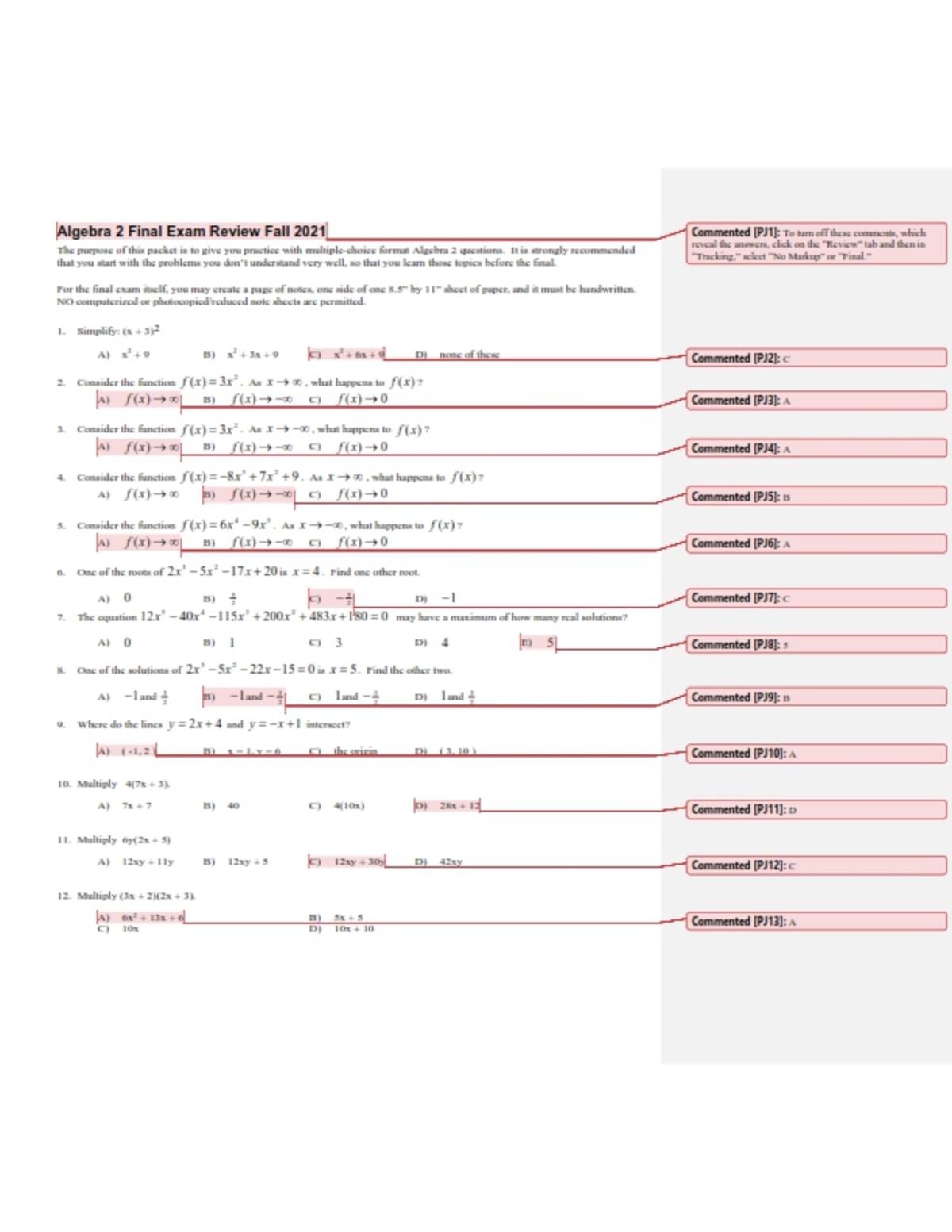 An educational teaching resource from Peter Jonnard entitled Algebra 2 Final Exam Review with Answer Key downloadable at Teach Simple.