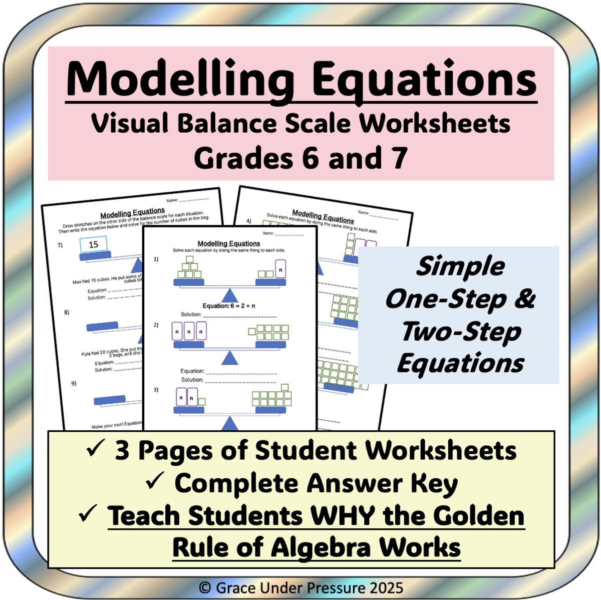 An educational teaching resource from Grace Under Pressure entitled Balance Scale Equations Worksheet – Visual Algebra downloadable at Teach Simple.