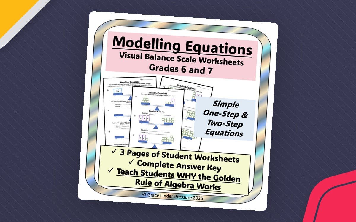 An educational teaching resource from Grace Under Pressure entitled Balance Scale Equations Worksheet – Visual Algebra downloadable at Teach Simple.