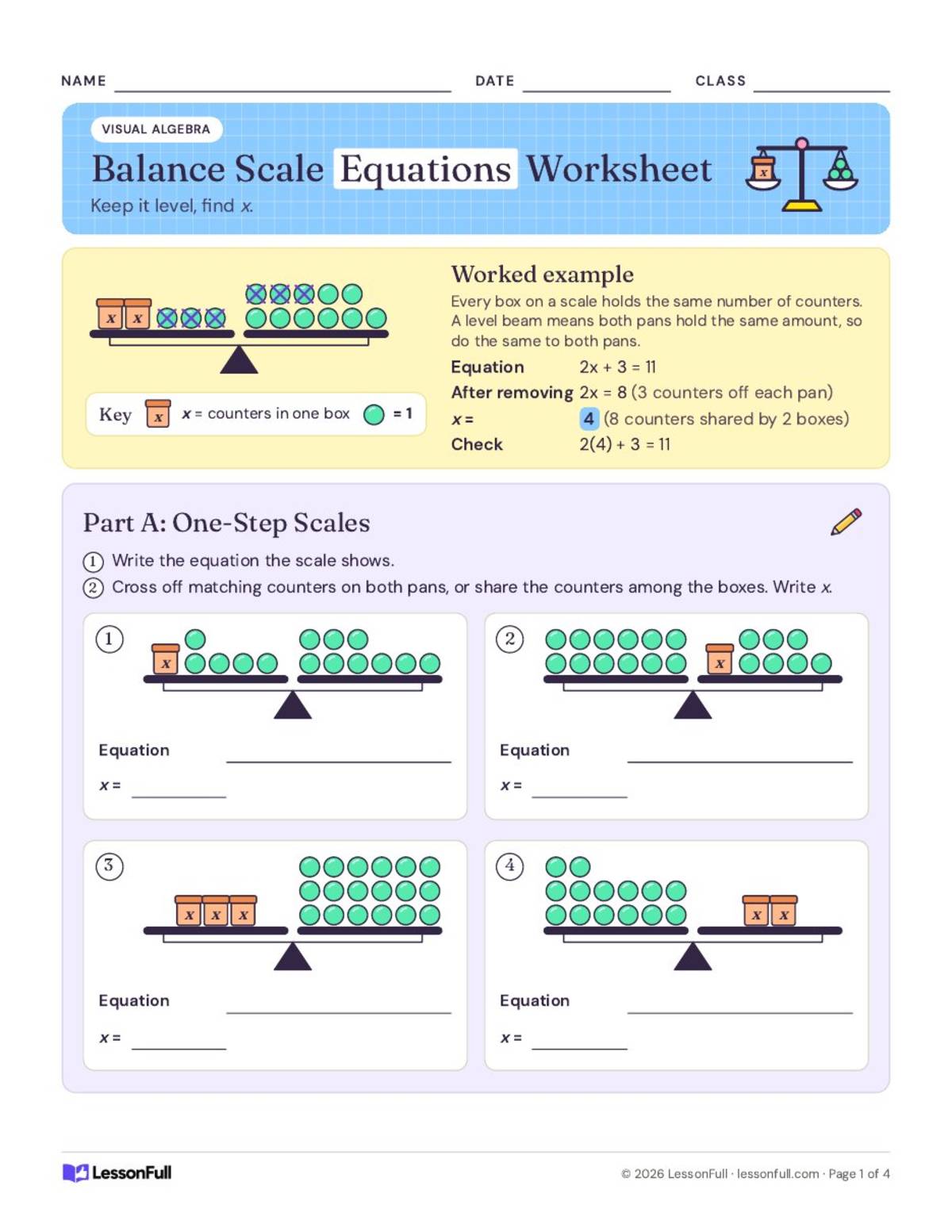 Balancing Algebraic Equations Worksheet preview