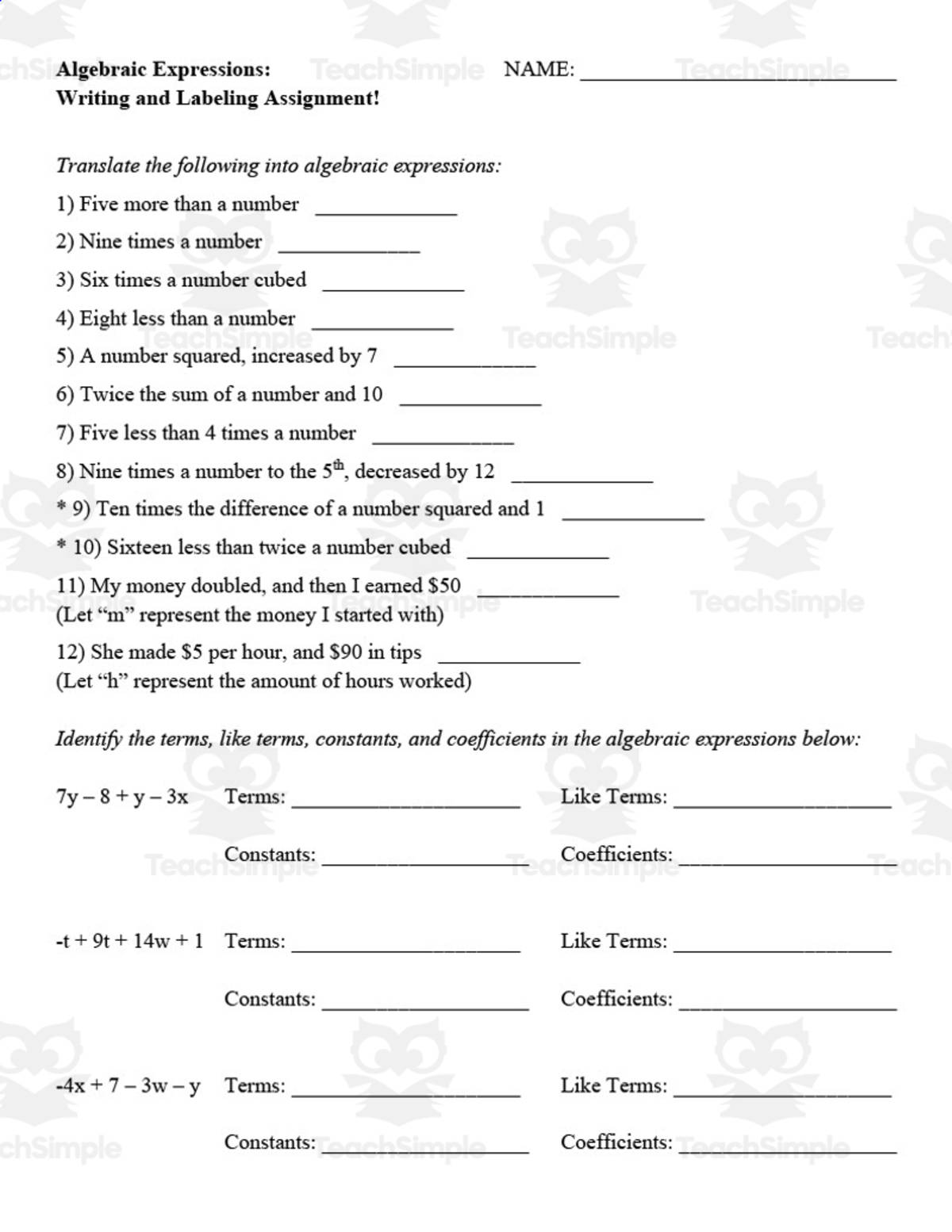 An educational teaching resource from Eddie McCarthy entitled Algebraic Expressions (Writing and Labeling) Guided Notes + Homework Set downloadable at Teach Simple.