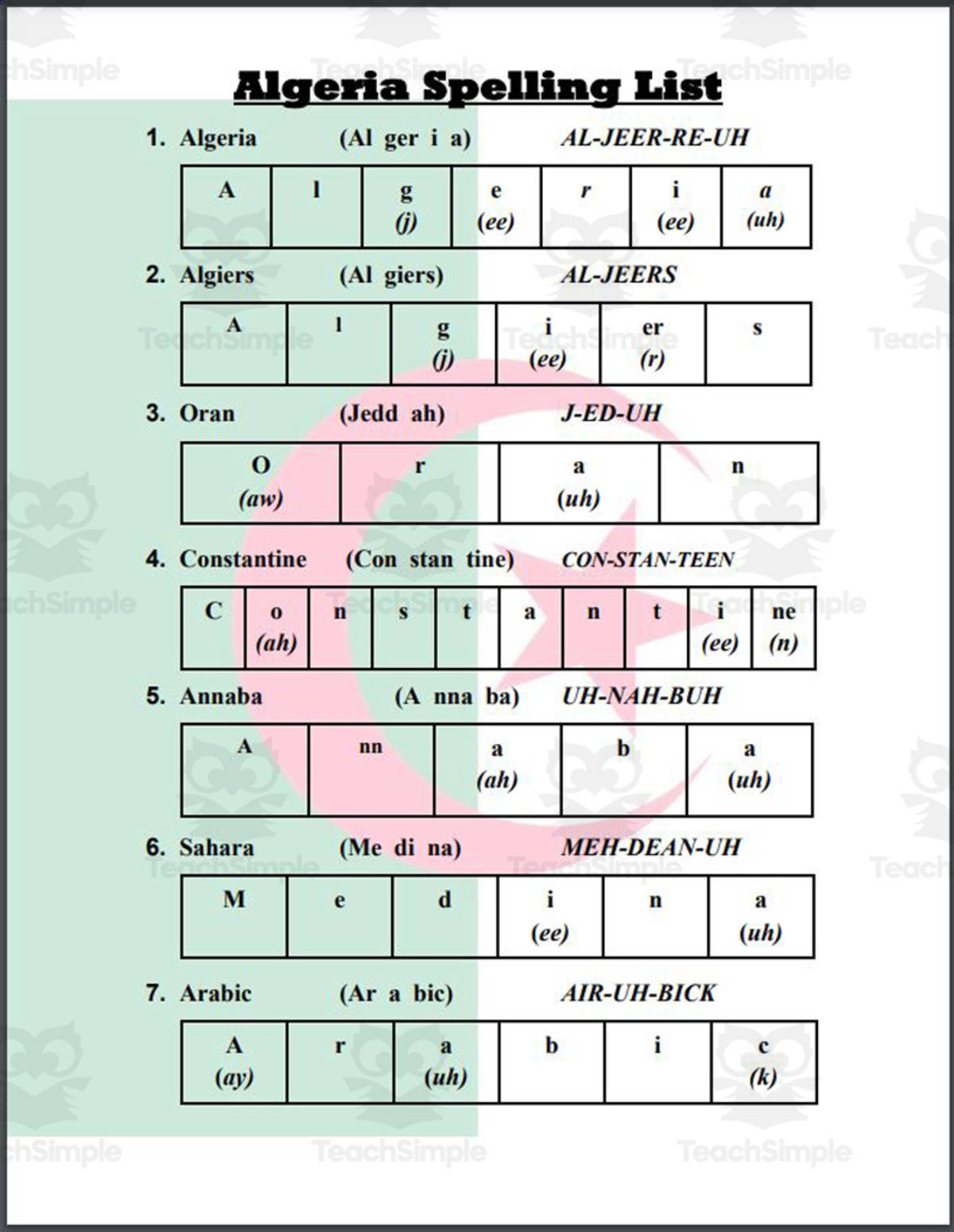 An educational teaching resource from Mr. Matthews Teacher Store entitled Algeria Spelling List downloadable at Teach Simple.