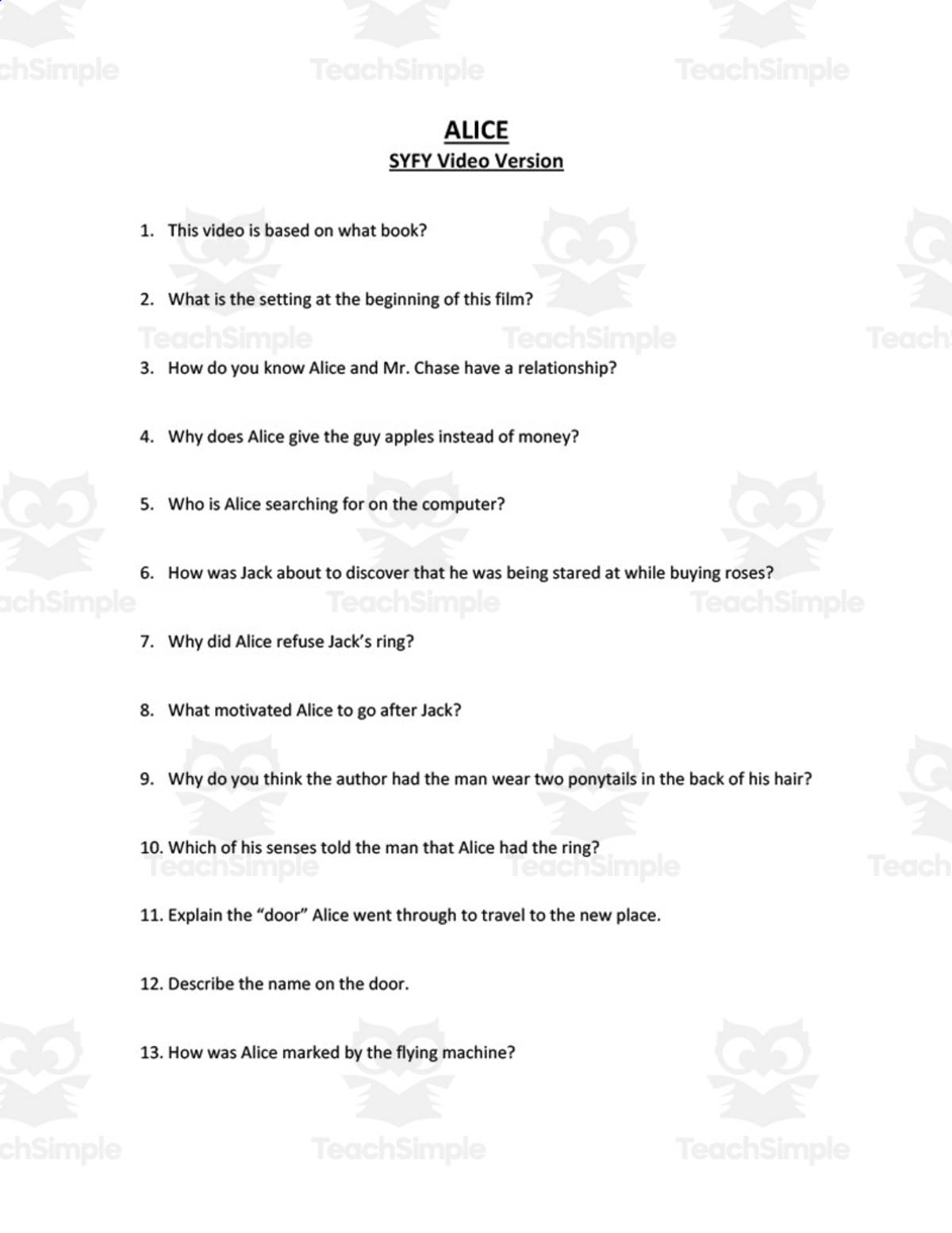 An educational teaching resource from Angela Zelaya entitled Alice in Wonderland | Short Answer Questions downloadable at Teach Simple.