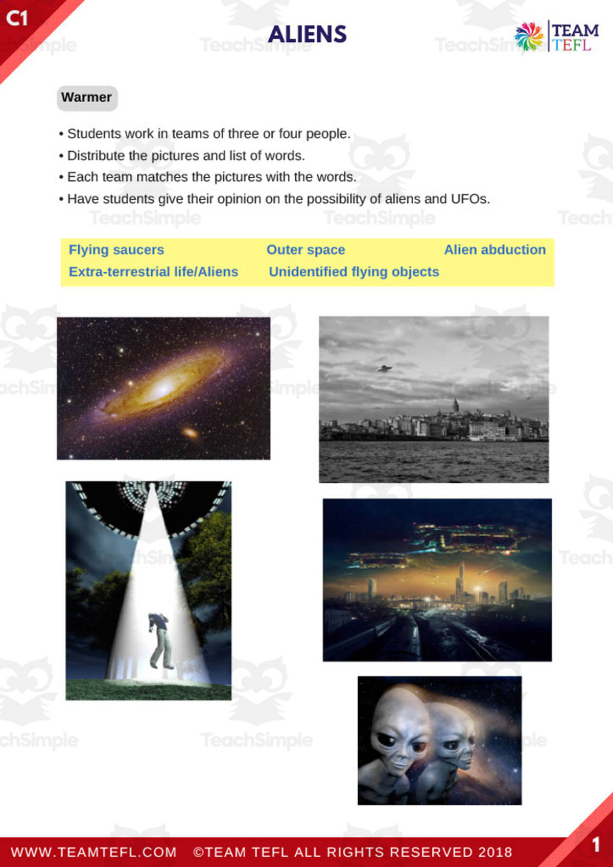 An educational teaching resource from TEAM TEFL entitled Aliens | Advanced Lesson Plan downloadable at Teach Simple.