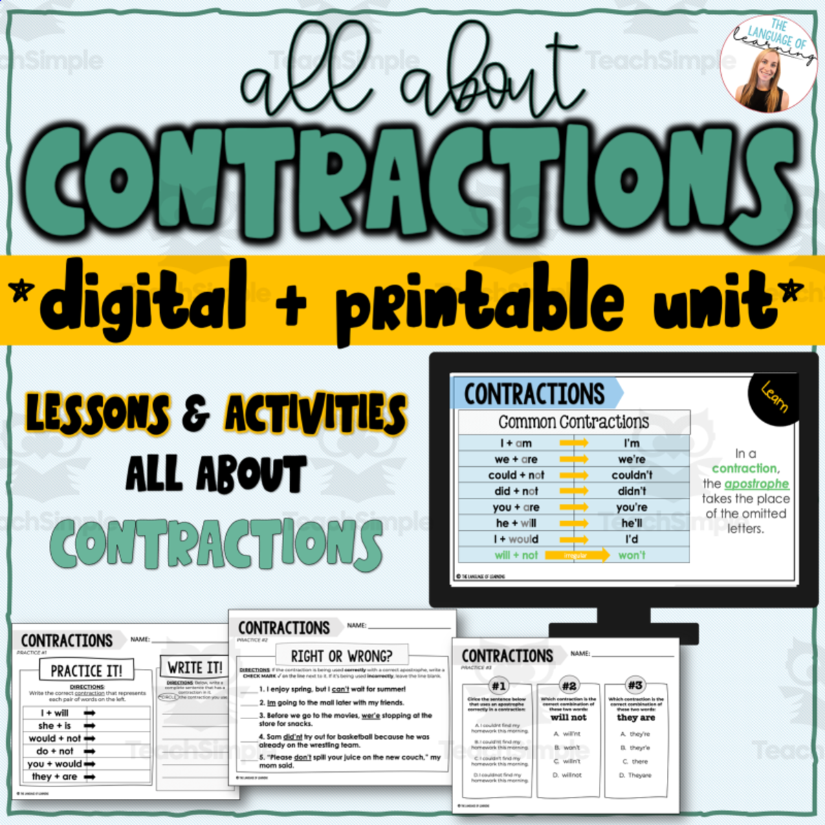 An educational teaching resource from The Language of Learning entitled All About Contractions | Print & Digital Grammar Unit downloadable at Teach Simple.