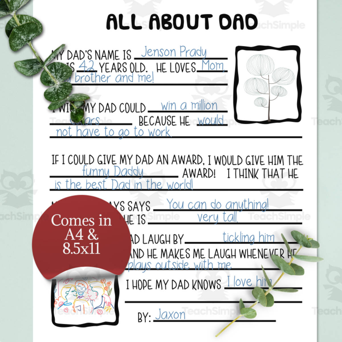 An educational teaching resource from Forever June Digital Design entitled All About Dad Interview, Father's Day Writing Activity, DIY Summer Printable, Seasonal Writing Prompts downloadable at Teach Simple.