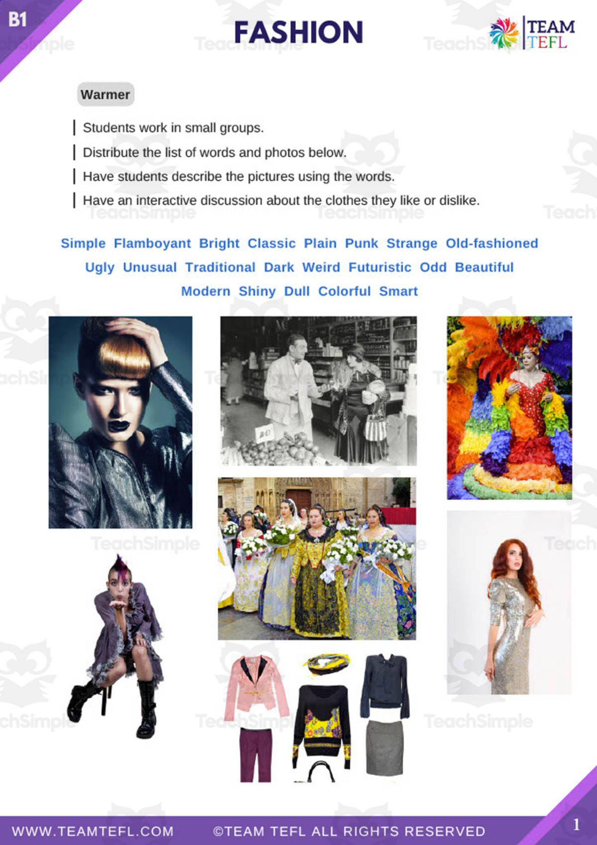 An educational teaching resource from TEAM TEFL entitled All About Fashion | Intermediate Lesson Plan downloadable at Teach Simple.
