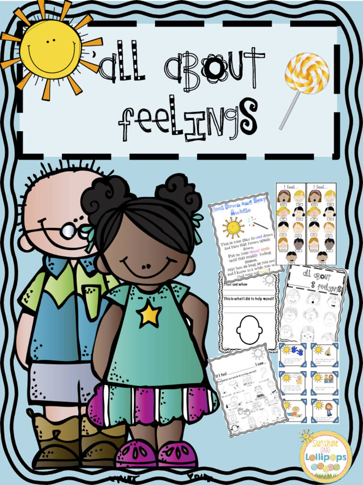 An educational teaching resource from Sunshine and Lollipops entitled All about Feelings and Emotions Writing Activities, Feeling Trackers and More downloadable at Teach Simple.