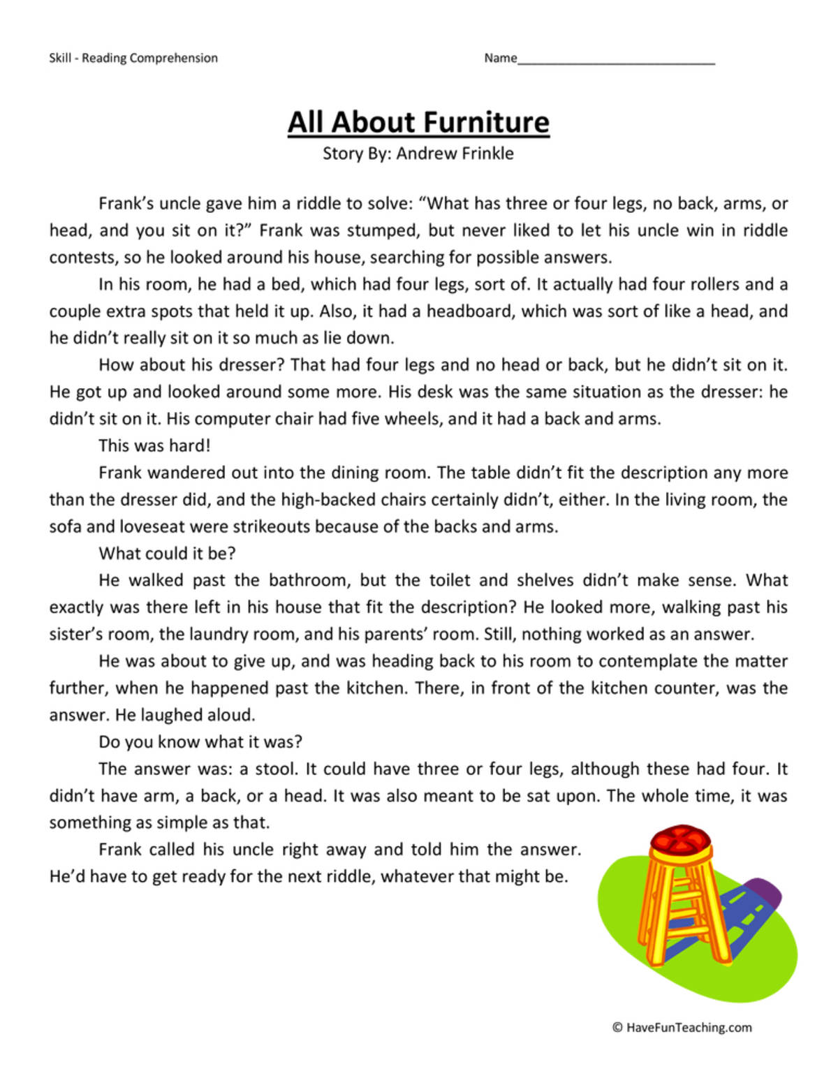 An educational teaching resource from Have Fun Teaching entitled All About Furniture Reading Comprehension Worksheet downloadable at Teach Simple.
