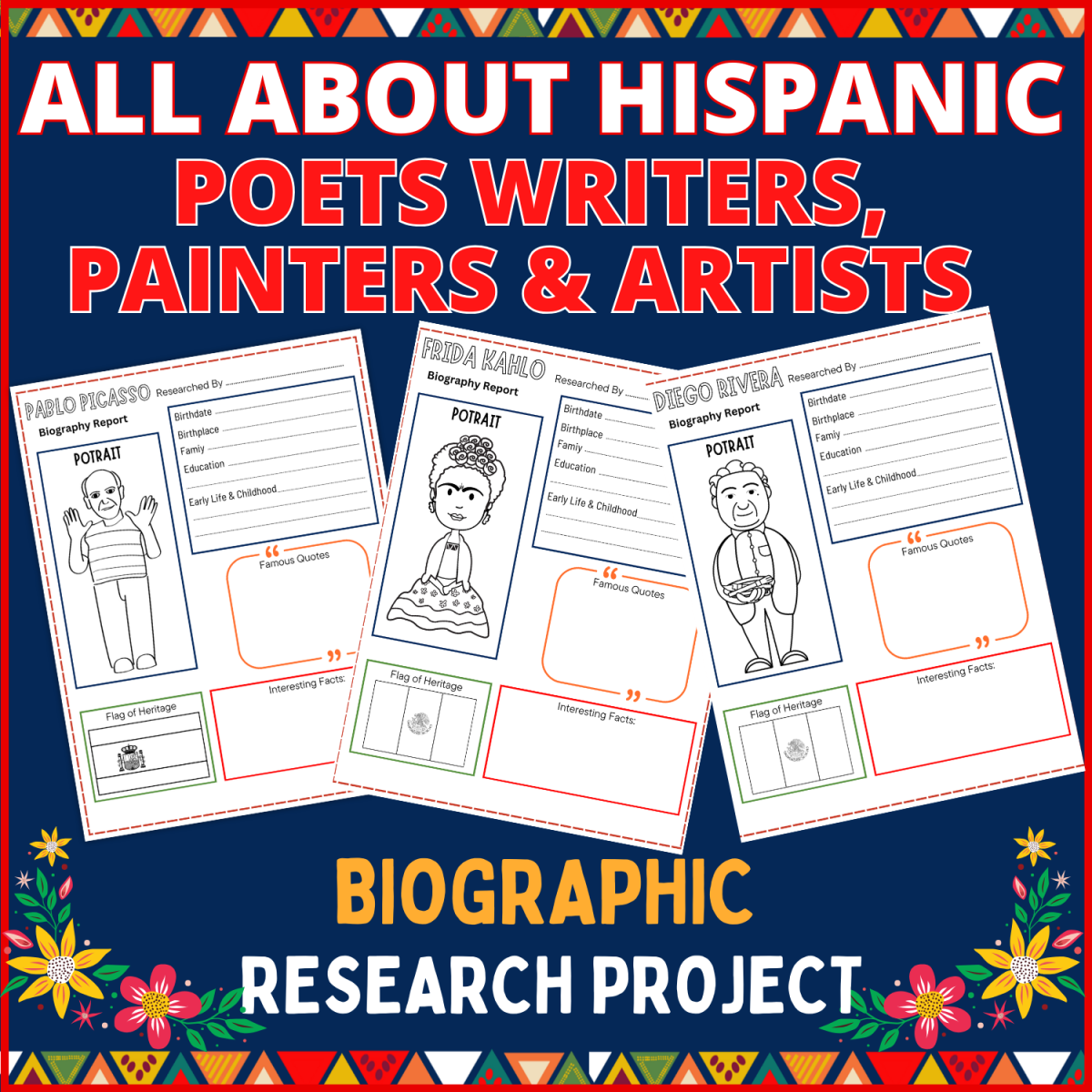 An educational teaching resource from Perfect_Printables entitled All about Hispanic Poets Writers Painters Artists Biographic Research downloadable at Teach Simple.