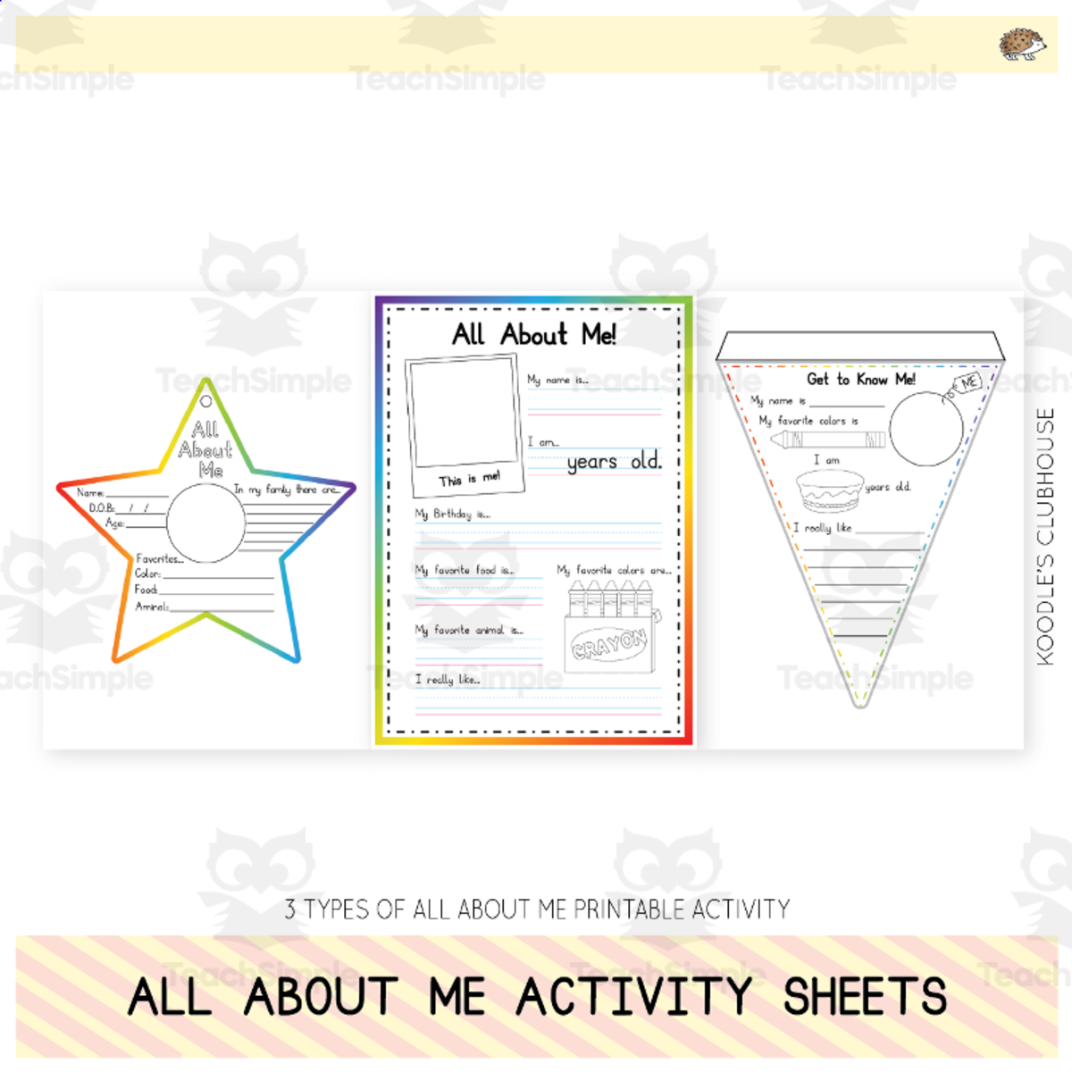 An educational teaching resource from Koodles Clubhouse entitled All About Me Activity Sheets downloadable at Teach Simple.