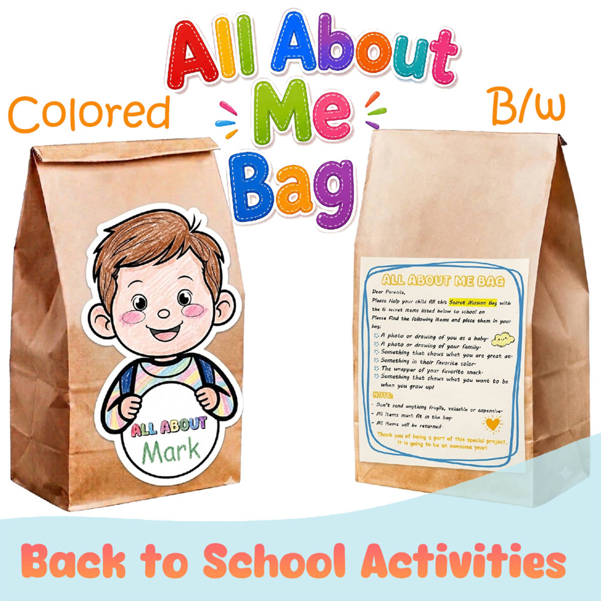 An educational teaching resource from Bambolina55 entitled All About Me Bag Activity | Get to Know You Activity | Secret Mission downloadable at Teach Simple.