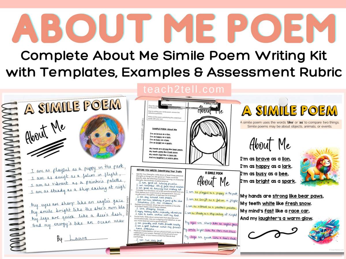 An educational teaching resource from Teach2Tell entitled All About Me Bio Poem Simile Writing Getting to Know You Activity downloadable at Teach Simple.