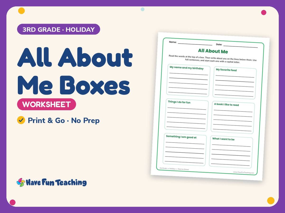 All About Me Boxes Worksheet – 3rd Grade Back to School Practice preview