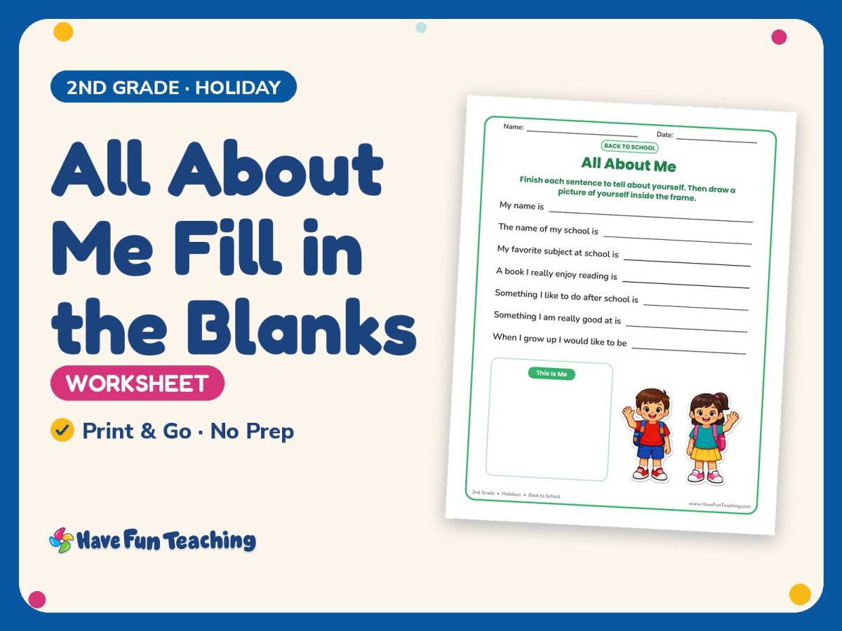 All About Me Fill in the Blanks Worksheet – 2nd Grade Back to School preview