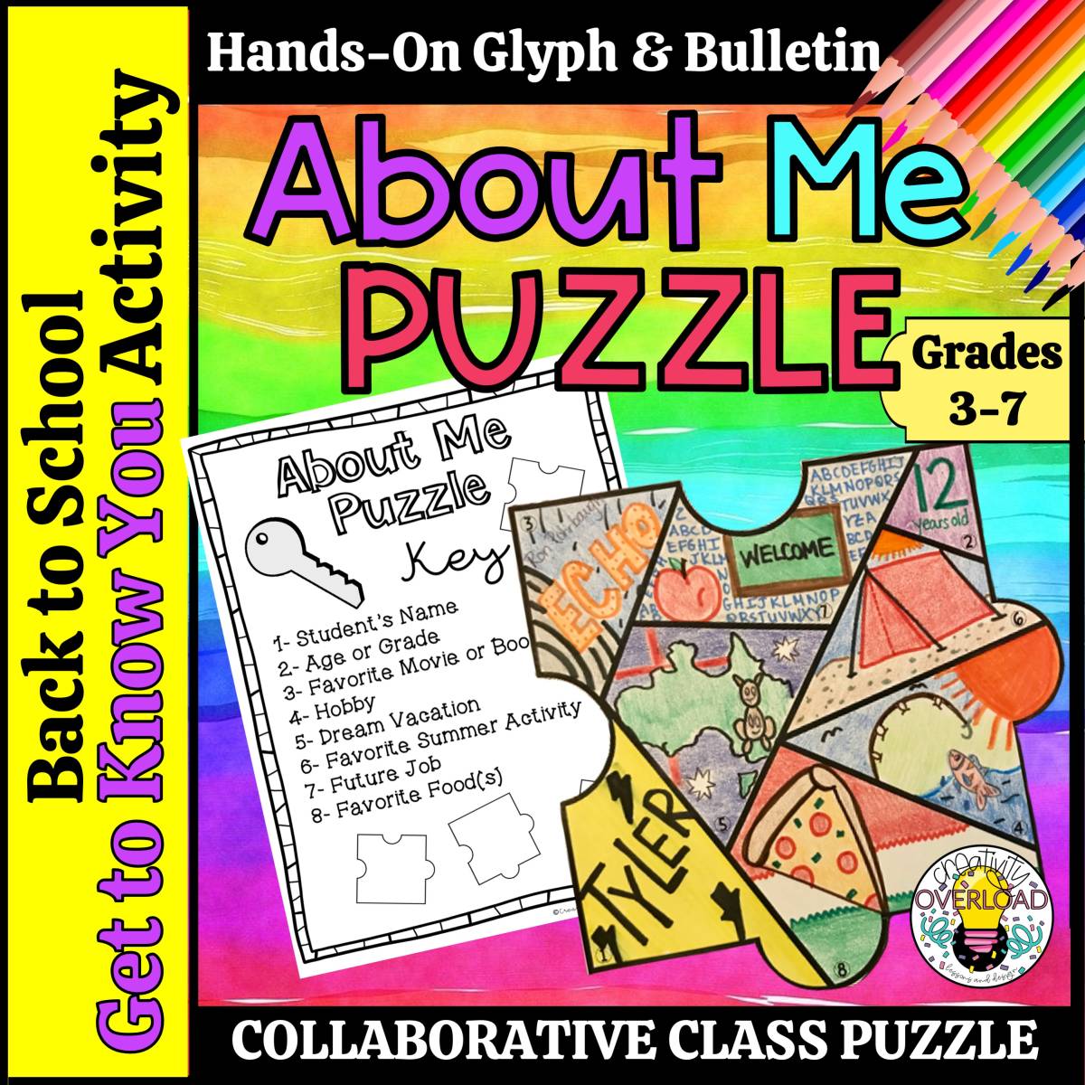 An educational teaching resource from Creativity Overload entitled All about Me Puzzle Get to Know You Activity & Bulletin Display downloadable at Teach Simple.