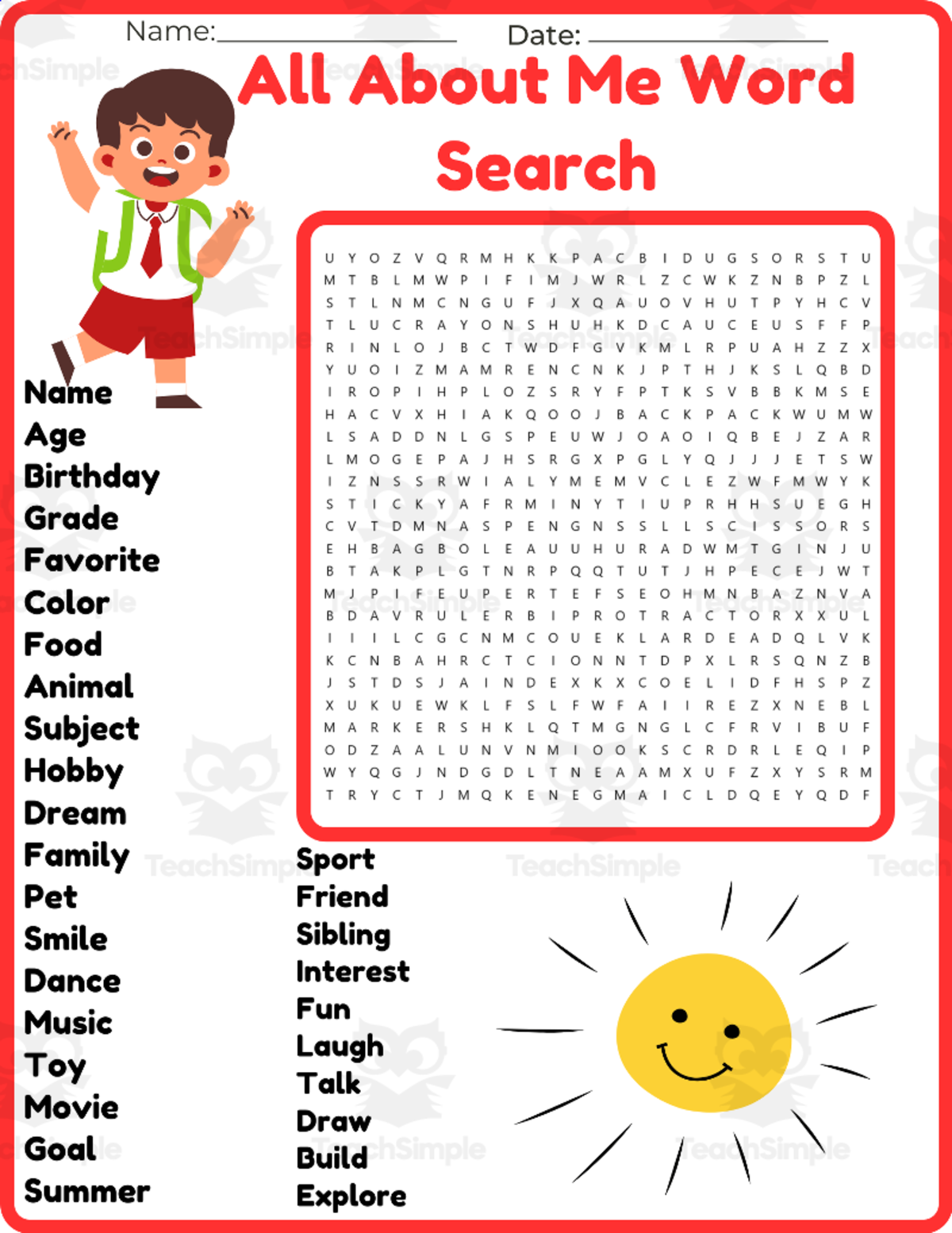 An educational teaching resource from space shope entitled All About Me Word Search Puzzle Worksheet Activities printables downloadable at Teach Simple.