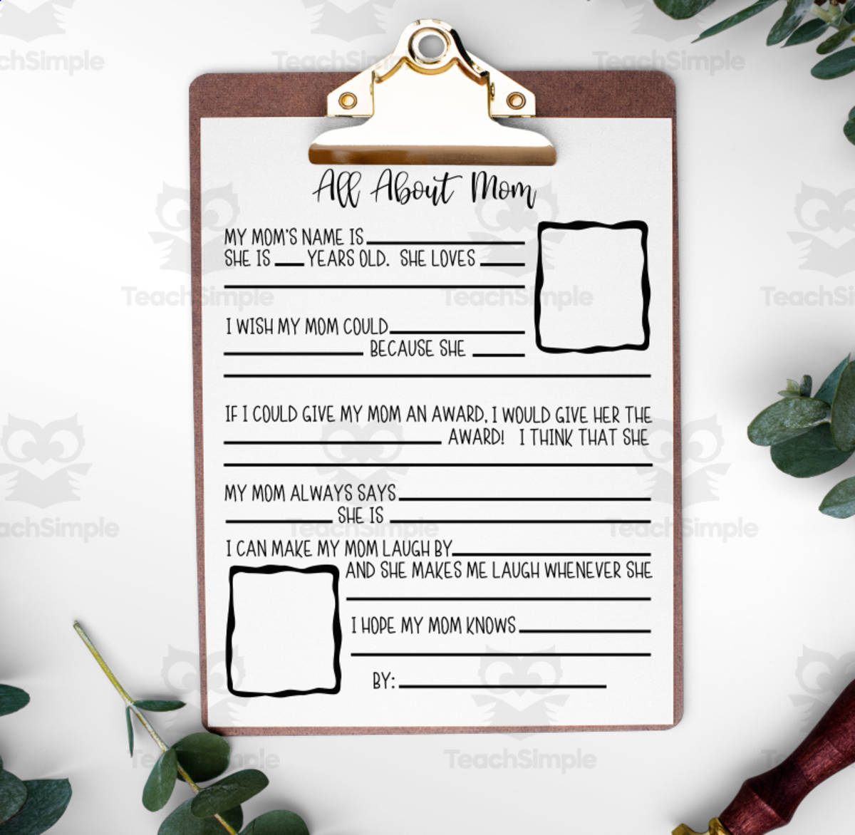 An educational teaching resource from Forever June Digital Design entitled All About Mom Interview, Mother's Day Writing Activity, DIY Summer Printable, Seasonal Writing Prompts downloadable at Teach Simple.