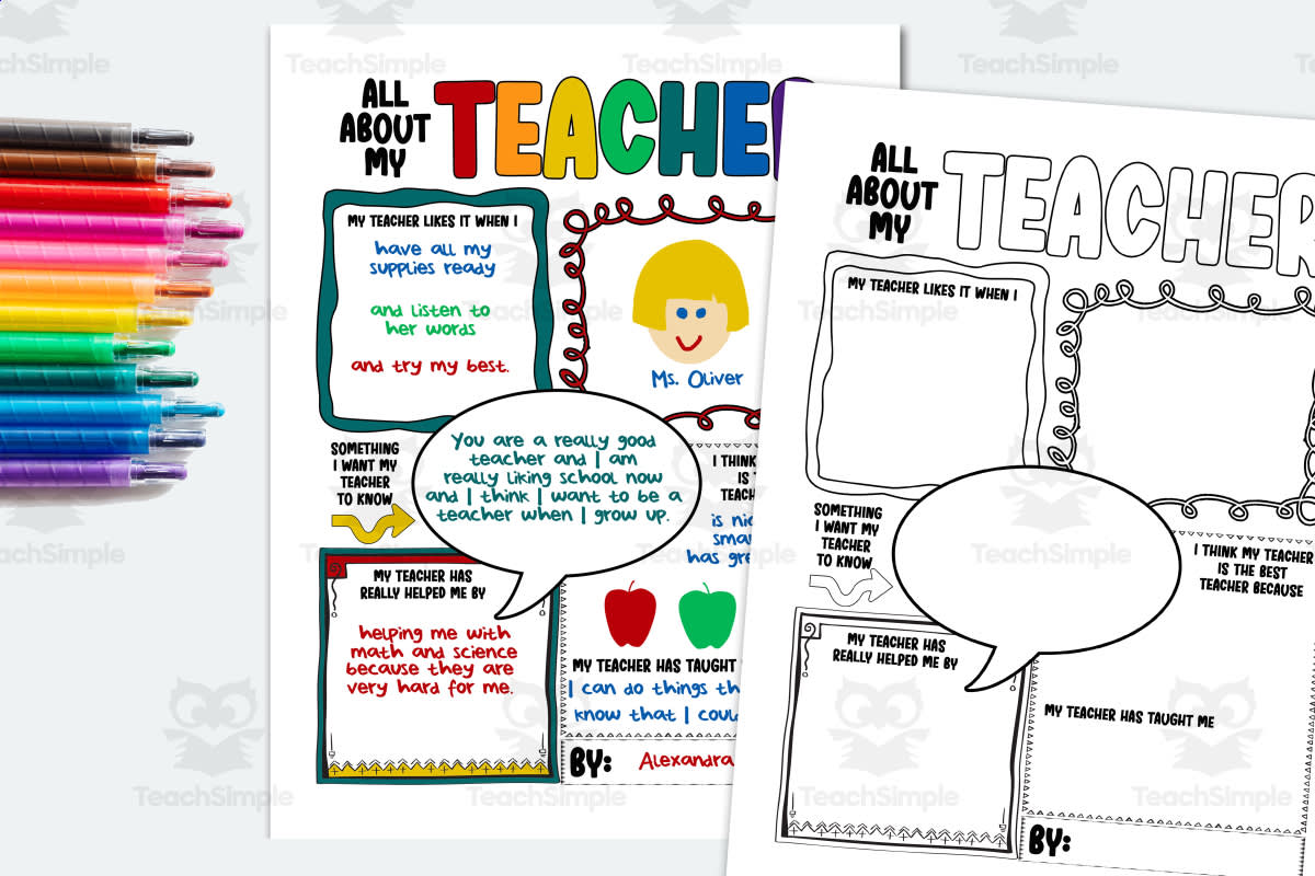 An educational teaching resource from Forever June Digital Design entitled All About My Teacher Thank You Gift from Students, Teacher Appreciation Week Activity, End of School Year DIY Craft, Writing Prompts, Back to School Card downloadable at Teach Simple.