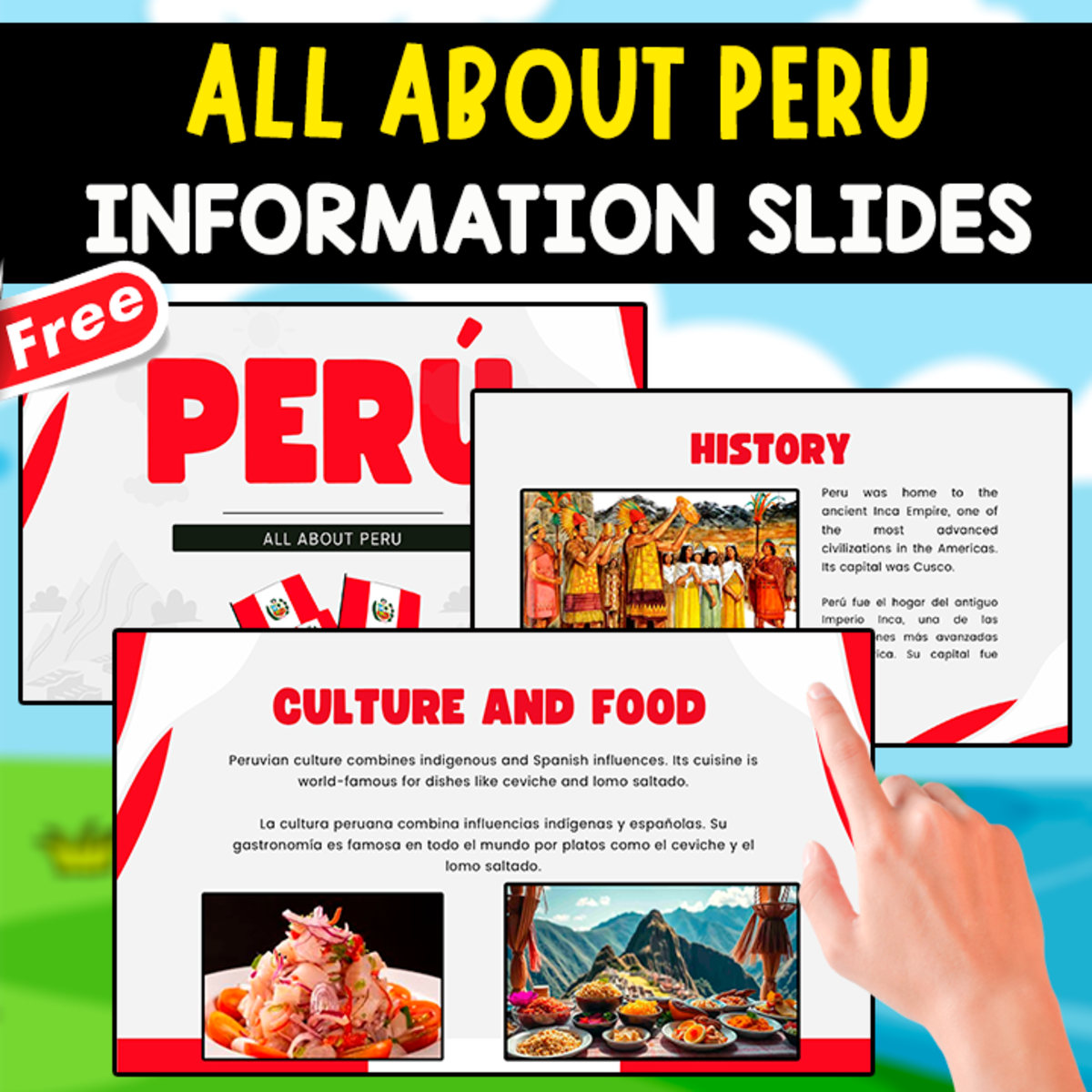 An educational teaching resource from EDITORIAL LAURA EDUCA entitled ALL ABOUT PERU | INFORMATION SLIDES | SPANISH-ENGLISH downloadable at Teach Simple.