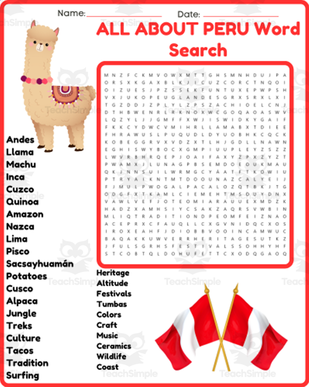 An educational teaching resource from space shope entitled ALL ABOUT PERU Word Search Puzzle Worksheet Activity downloadable at Teach Simple.